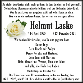Traueranzeige von Helmut Laske von Trauerkombi Quedlinburg
