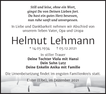 Traueranzeige von Helmut Lehmann von Trauerkombi Wittenberg