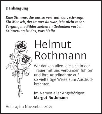 Traueranzeige von Helmut Rothmann von Trauerkombi Mansfelder Land