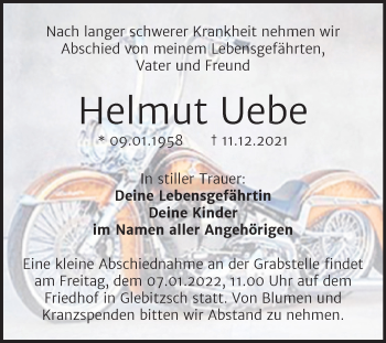Traueranzeige von Helmut Uebe von Trauerkombi Bitterfeld