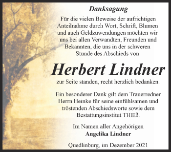 Traueranzeige von Herbert Lindner von Trauerkombi Quedlinburg