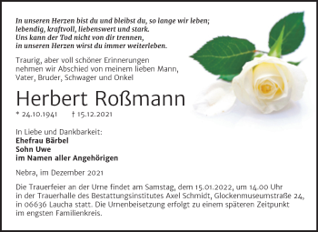 Traueranzeige von Herbert Roßmann von Naumburger Tageblatt