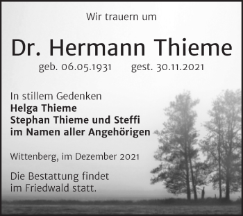 Traueranzeige von Hermann Thieme von Trauerkombi Wittenberg