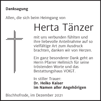 Traueranzeige von Herta Tänzer von Trauerkombi Mansfelder Land