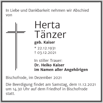 Traueranzeige von Herta Tänzer von Mitteldeutsche Zeitung Mansfelder Land
