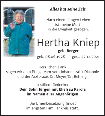Traueranzeige von Hertha Kniep von Trauerkombi Wittenberg