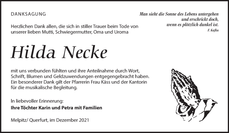  Traueranzeige für Hilda Necke vom 18.12.2021 aus Trauerkombi Merseburg