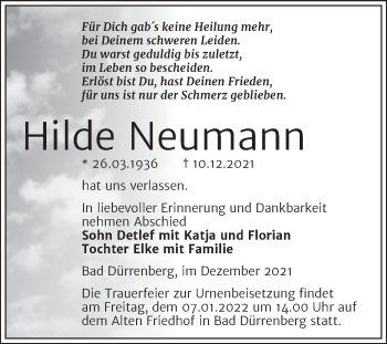 Traueranzeige von Hilde Neumann von Trauerkombi Merseburg