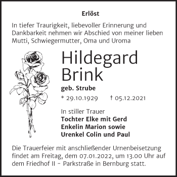 Traueranzeige von Hildegard Brink von Trauerkombi Bernburg