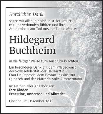 Traueranzeige von Hildegard Buchheim von Trauerkombi Köthen
