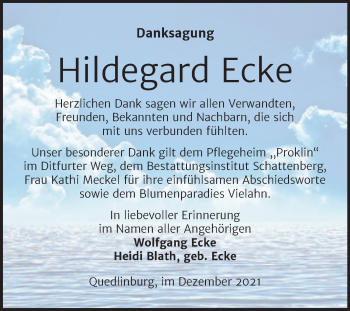 Traueranzeige von Hildegard Ecke von Trauerkombi Quedlinburg