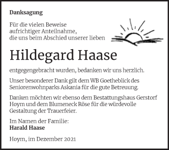 Traueranzeige von Hildegard Haase von Trauerkombi Aschersleben