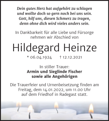 Traueranzeige von Hildegard Heinze von Trauerkombi Köthen