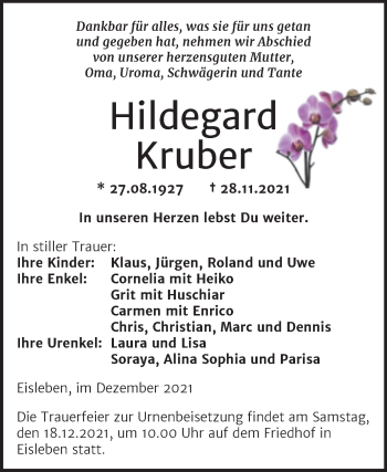 Traueranzeige von Hildegard Kruber von Trauerkombi Mansfelder Land
