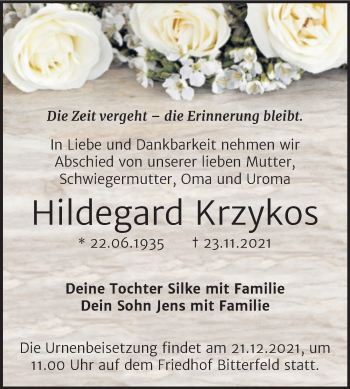Traueranzeige von Hildegard Krzykos von Trauerkombi Bitterfeld