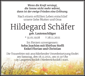 Traueranzeige von Hildegard Schäfer von Trauerkombi Merseburg
