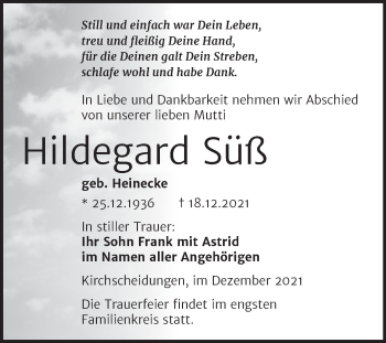 Traueranzeige von Hildegard Süß von Wochenspiegel Naumburg/Nebra