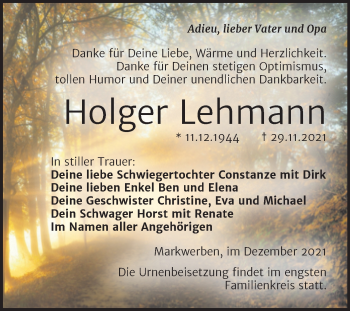 Traueranzeige von Holger Lehmann von Trauerkombi Weißenfels
