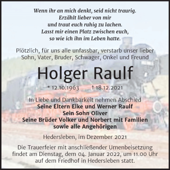 Traueranzeige von Holger Raulf von Trauerkombi Quedlinburg