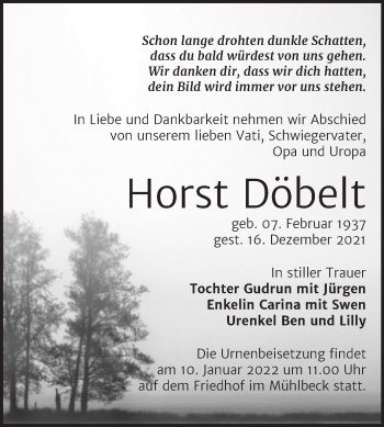 Traueranzeige von Horst Döbelt von Trauerkombi Bitterfeld