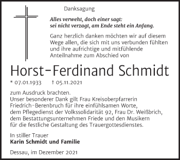 Traueranzeige von Horst-Ferdinand Schmidt von Trauerkombi Dessau