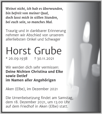 Traueranzeige von Horst Grube von Trauerkombi Köthen