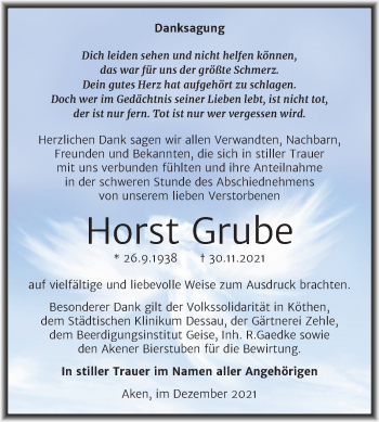 Traueranzeige von Horst Grube von Trauerkombi Köthen