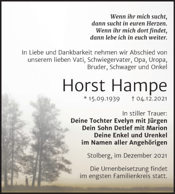 Traueranzeige von Horst Hampe von Trauerkombi Sangerhausen