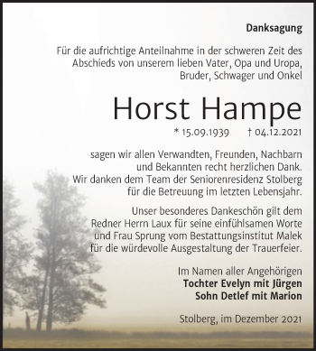 Traueranzeige von Horst Hampe von Trauerkombi Sangerhausen