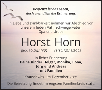 Traueranzeige von Horst Horn von Trauerkombi Weißenfels
