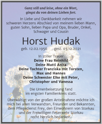 Traueranzeige von Horst Hudak von Trauerkombi Weißenfels