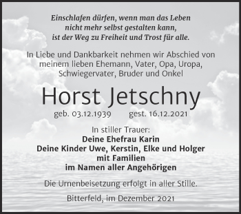 Traueranzeige von Horst Jetschny von Trauerkombi Bitterfeld