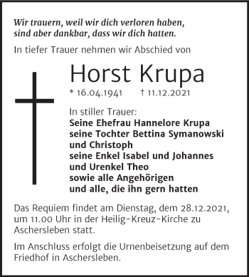 Traueranzeige von Horst Krupa von Trauerkombi Aschersleben