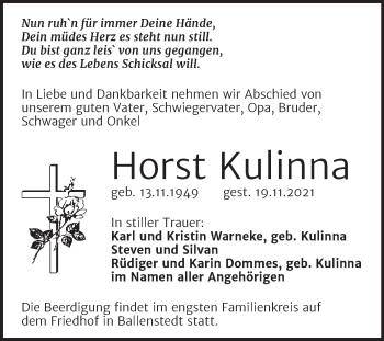 Traueranzeige von Horst Kulinna von Wochenspiegel Quedlingburg