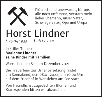 Traueranzeige von Horst Lindner von Trauerkombi Mansfelder Land