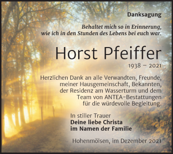 Traueranzeige von Horst Pfeiffer von Trauerkombi Weißenfels