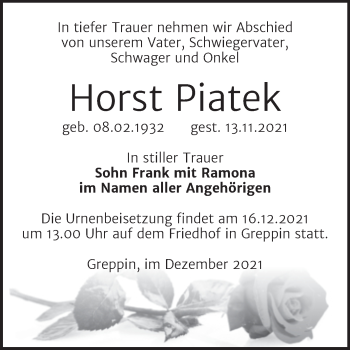 Traueranzeige von Horst Piatek von Trauerkombi Bitterfeld