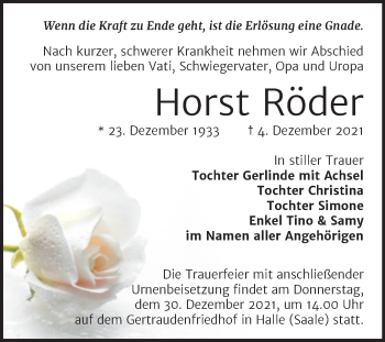 Traueranzeige von Horst Röder von Mitteldeutsche Zeitung Halle/Saalkreis