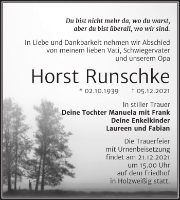 Traueranzeige von Horst Runschke von Trauerkombi Bitterfeld