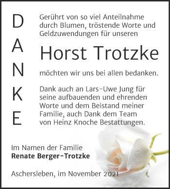 Traueranzeige von Horst Trotzke von Trauerkombi Aschersleben