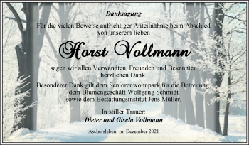 Traueranzeige von Horst Vollmann von Trauerkombi Aschersleben