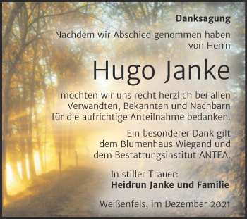 Traueranzeige von Hugo Janke von Trauerkombi Weißenfels