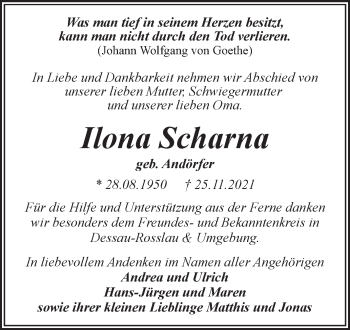 Traueranzeige von Ilona Scharna von Trauerkombi Dessau