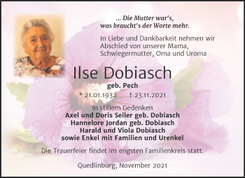 Traueranzeige von Ilse Dobiasch von Trauerkombi Quedlinburg