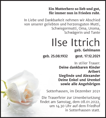 Traueranzeige von Ilse Ittrich von Trauerkombi Sangerhausen