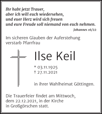 Traueranzeige von Ilse Keil von Trauerkombi Weißenfels