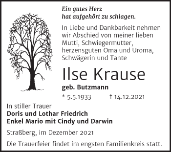 Traueranzeige von Ilse Krause von Trauerkombi Quedlinburg