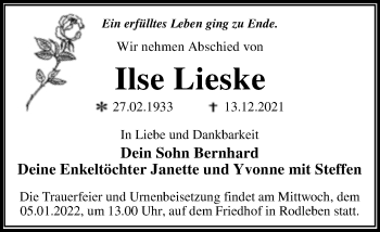 Traueranzeige von Ilse Lieske von Trauerkombi Dessau