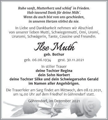 Traueranzeige von Ilse Muth von Trauerkombi Merseburg