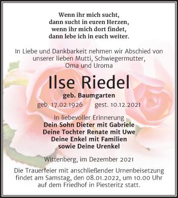 Traueranzeige von Ilse Riedel von Trauerkombi Wittenberg